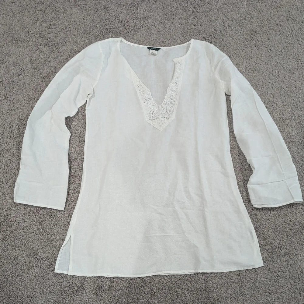 J Crew Women's Tunic Small White‎ Linen Blend Eyelet Flowy